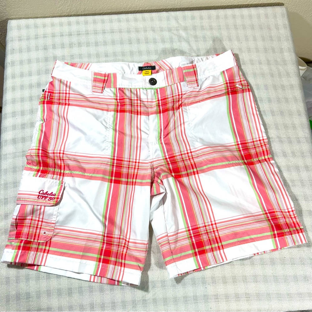 Cabelas Womens Sports Hiking Board Shorts White Pink Green Plaid UPF 50 Sz 14